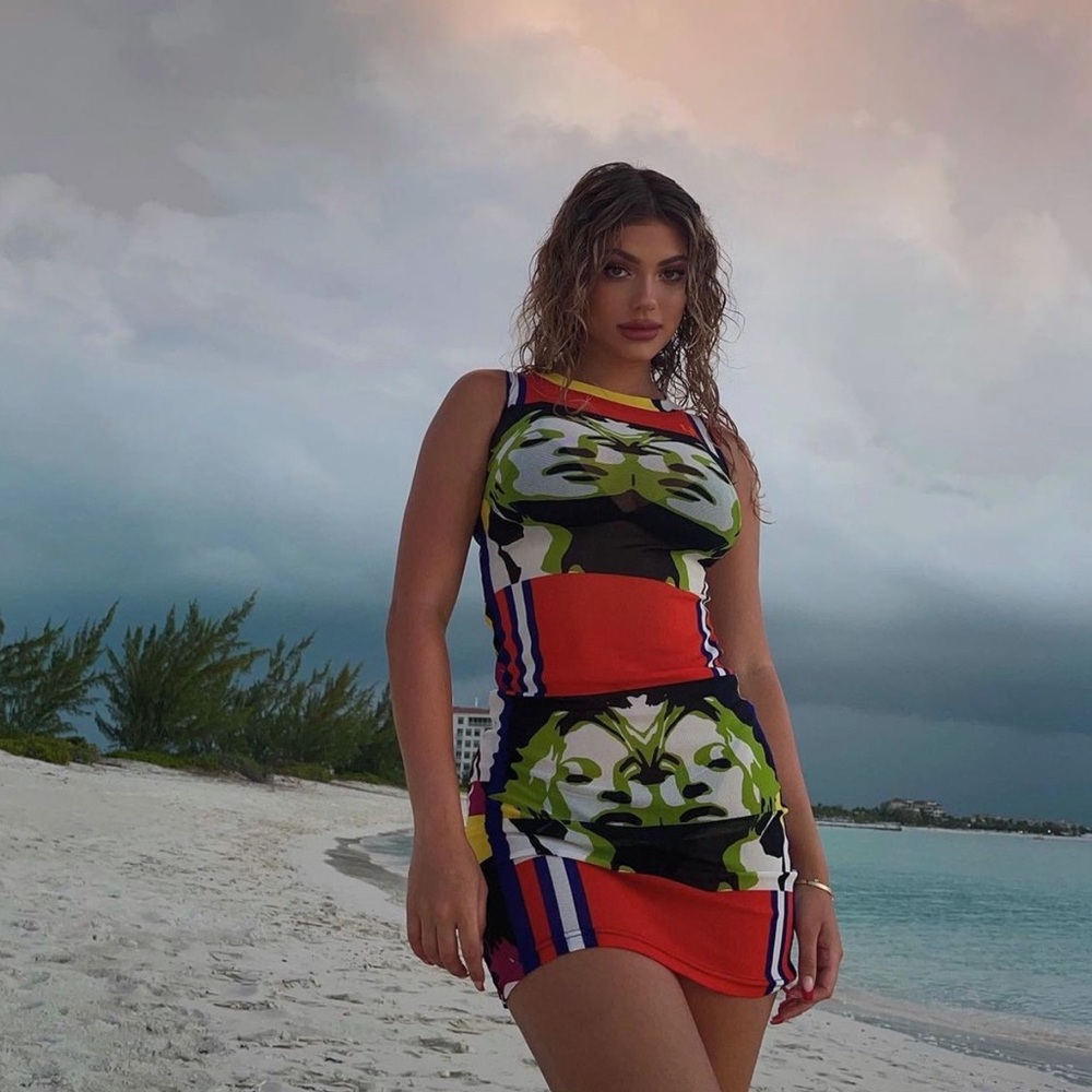 andre emery multicolor printed mesh bodycon dress